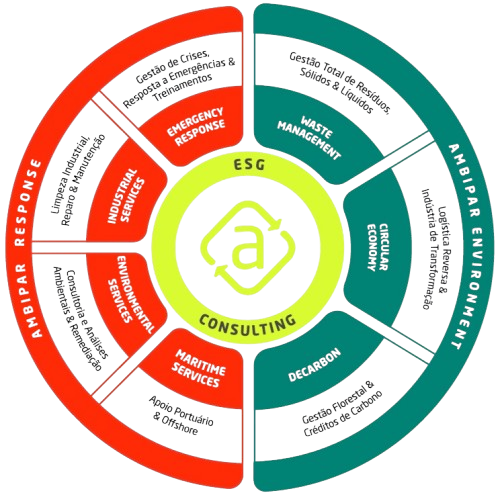 Infográfico apresentando o modelo de negócios da Ambipar dividido em duas verticais, Ambipar Environment e Ambipar Response.