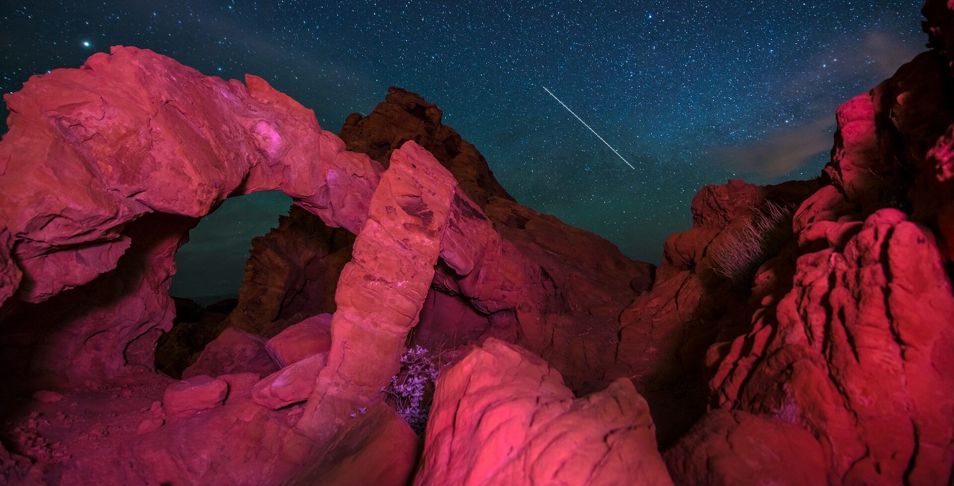 Beautiful rock formations against bright starry sky at night. Valley of Fire Overton Nevada USA