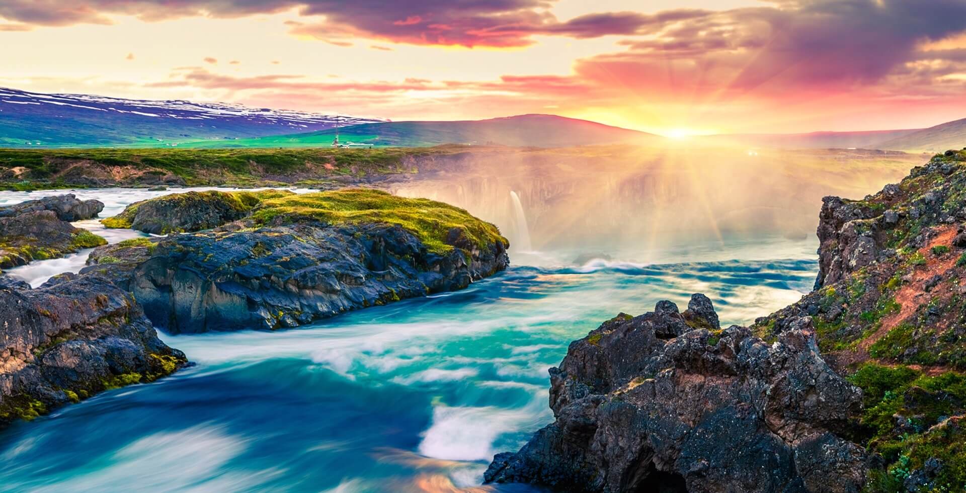 Footer Picturesque summer morning scene on the Godafoss Waterfall. ColorFooter ful sunrise on the on Skjalfandafljot river, Iceland, Europe. Artistic style post processed photo.