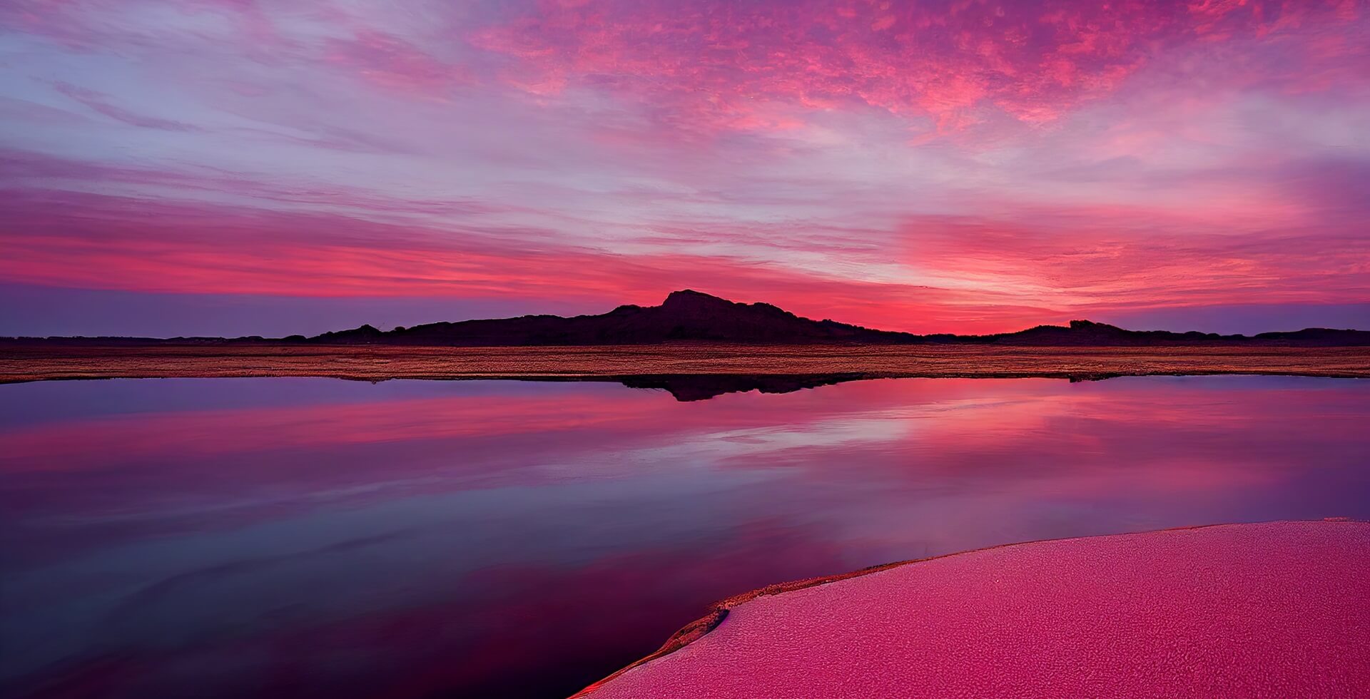Footer Pink lake, the incredible natural landscape at sunset. The salt lake turned pink. Vivid red Salt deposits on the shores of the beautiful pink lake