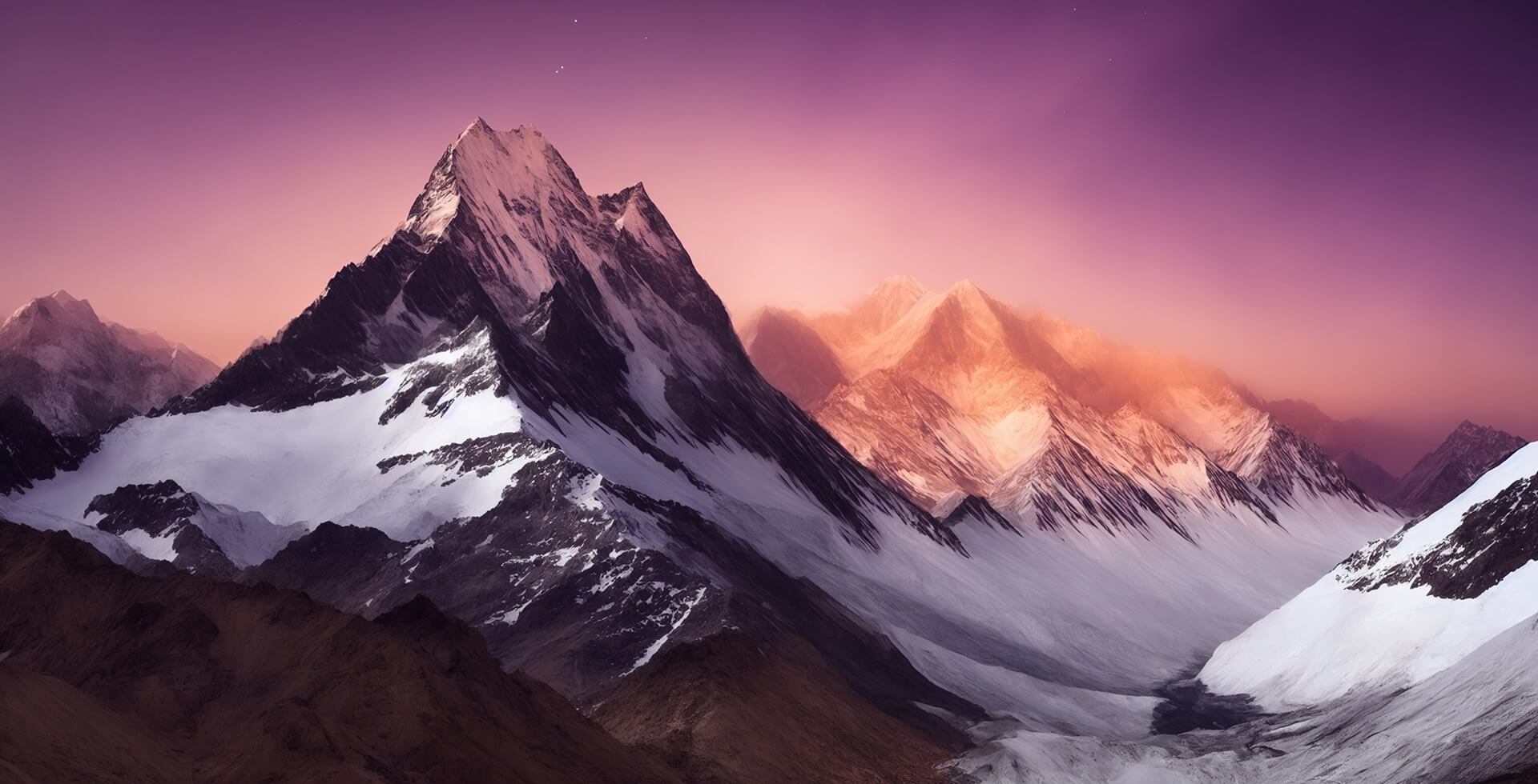 Footer Sunset View of the Himalayas Near the Himalayan Mountain Mt Everest - Purple sky with snow covered cliffs and colorful lighting of the valley and mountain