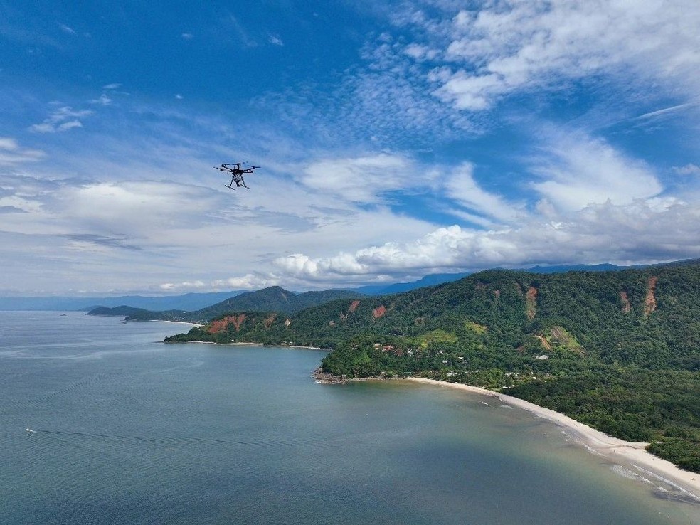 Drone replants trees in areas affected by landslides in São Sebastião — Photo: Divulgação/Ambipar